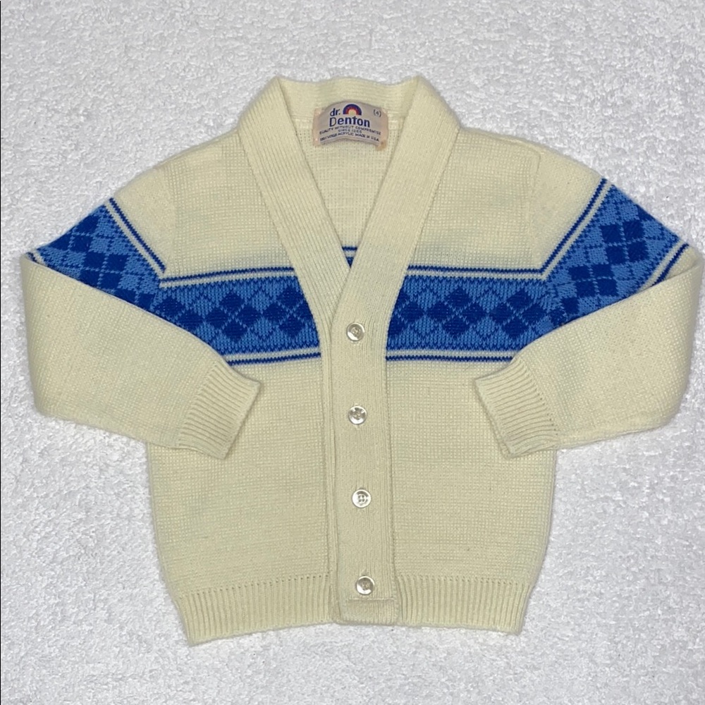 Vintage Dr. Denton acrylic Kids Cream and Blue Cardigan sweater boys 4